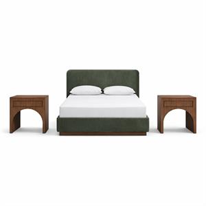 Bowery Hill Set of 3 Green Velvet Full Bed and 2 Brown Walnut Nightstands