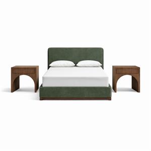 Bowery Hill Set of 3 Green Velvet Queen Bed and 2 Brown Walnut Nightstands
