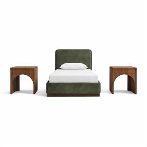 Bowery Hill Set of 3 Green Velvet Twin Bed and 2 Brown Walnut Nightstands