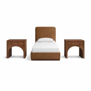 Bowery Hill Set of 3 Saddle Velvet Twin Bed and 2 Brown Walnut Nightstands