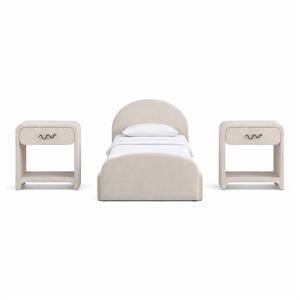 Bowery Hill Set of 3 Beige Chenille Twin Bed and 2 Cream Linen Nightstands