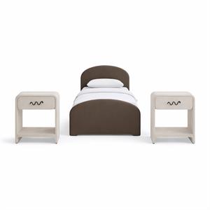 Bowery Hill Set of 3 Brown Chenille Twin Bed and 2 Cream Linen Nightstands