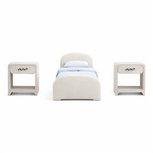 Bowery Hill Set of 3 Cream Chenille Twin Bed and 2 Cream Linen Nightstands