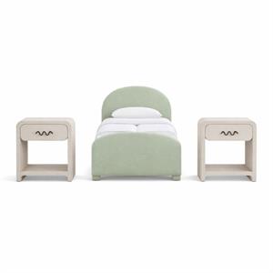 Bowery Hill Set of 3 Mint Chenille Twin Bed and 2 Cream Linen Nightstands