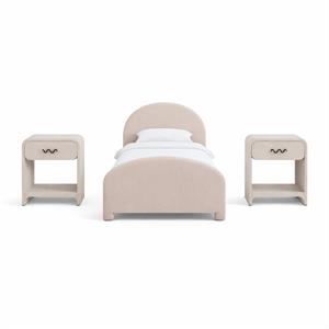 Bowery Hill Set of 3 Pink Chenille Twin Bed and 2 Cream Linen Nightstands