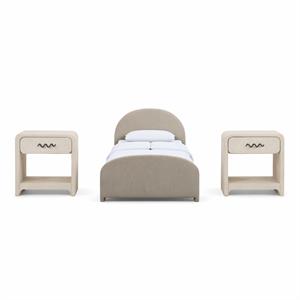 Bowery Hill Set of 3 Taupe Chenille Twin Bed and 2 Cream Linen Nightstands