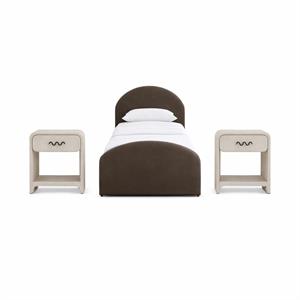 Bowery Hill Set of 3 Brown Twin Trundle Bed and 2 Cream Linen Nightstands