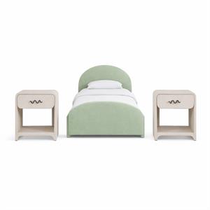 Bowery Hill Set of 3 Mint Twin Trundle Bed and 2 Cream Linen Nightstands