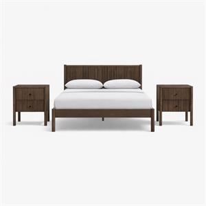 Bowery Hill Set of 3 Walnut Solid Wood Queen Bed and 2 Fluted Nightstands