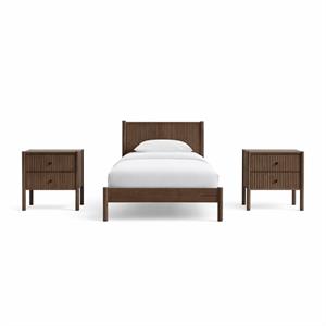 Bowery Hill Set of 3 Walnut Solid Wood Twin Bed and 2 Fluted Nightstands