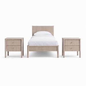 Bowery Hill Set of 3 White Oak Solid Wood Twin Bed and 2 Fluted Nightstands