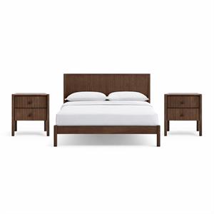 Bowery Hill Set of 3 Walnut Solid Wood Full Bed and 2 Fluted Nightstands