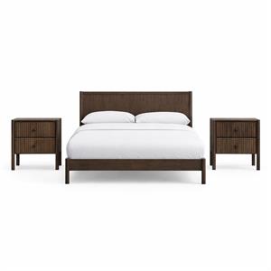 Bowery Hill Set of 3 Walnut Solid Wood King Bed and 2 Fluted Nightstands