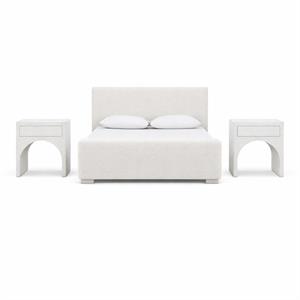 Bowery Hill Set of 3 Cream Chenille Queen Bed and 2 White Oak Nightstands
