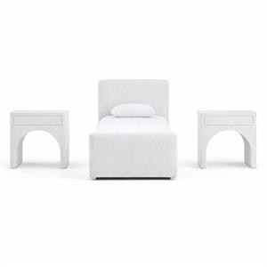 Bowery Hill Set of 3 Cream Chenille Twin Bed and 2 White Oak Nightstands