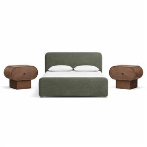 Bowery Hill Set of 3 Green Chenille Full Bed and 2 Brown Oak Nightstands