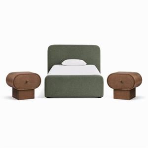 Bowery Hill Set of 3 Green Chenille Twin Bed and 2 Brown Oak Nightstands