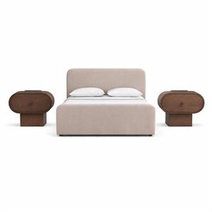 Bowery Hill Set of 3 Taupe Chenille Full Bed and 2 Brown Oak Nightstands