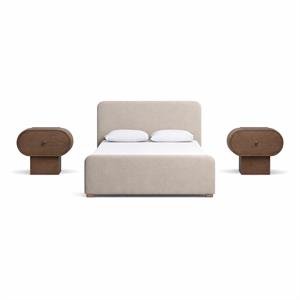 Bowery Hill Set of 3 Taupe Chenille Queen Bed and 2 Brown Oak Nightstands
