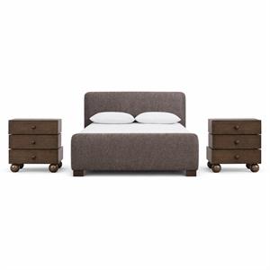 Bowery Hill Set of 3 Brown Linen Textured Full Bed and 2 Oak Nightstands