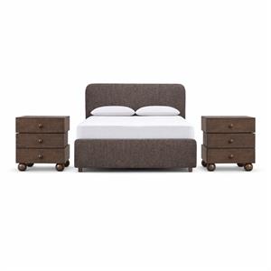 Bowery Hill Set of 3 Brown Linen Textured Queen Bed and 2 Oak Nightstands