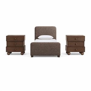 Bowery Hill Set of 3 Brown Linen Textured Twin Bed and 2 Oak Nightstands
