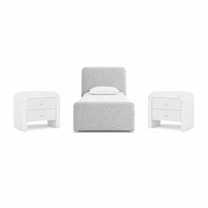 Bowery Hill Set of 3 Grey Linen Twin Bed and 2 White Wood Nightstands