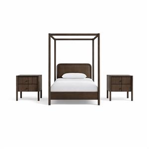 Bowery Hill Set of 3 Brown Velvet Twin Canopy Bed and 2 Walnut Nightstands