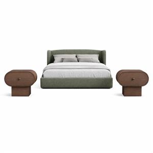 Bowery Hill Set of 3 Green Chenille Queen Bed and 2 Brown Oak Nightstands