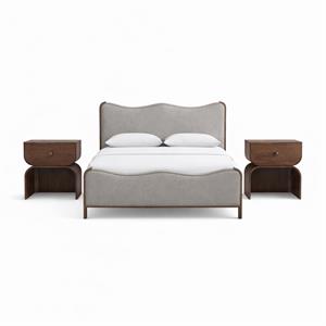 Bowery Hill Set of 3 Grey Linen Queen Bed and 2 Brown Walnut Nightstands
