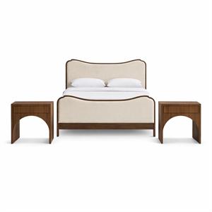 Bowery Hill Set of 3 Cream Vegan Leather Full Bed and 2 Walnut Nightstands