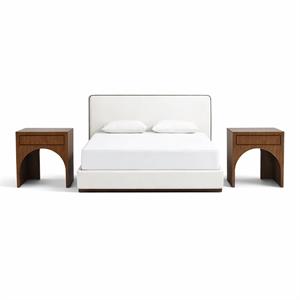 Bowery Hill Set of 3 Cream Velvet King Bed and 2 Brown Walnut Nightstands