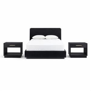 Bowery Hill Set of 3 Black Velvet King Bed and 2 Black Wood Nightstands