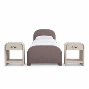 Bowery Hill Set of 3 Purple Chenille Twin Bed and 2 Cream Linen Nightstands