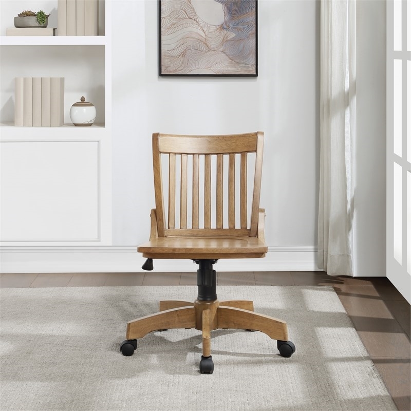 Pemberly Row Traditional Wood Bankers Office Chair in Medium Brown