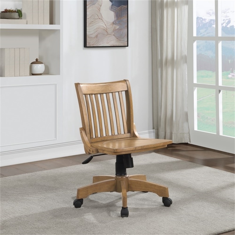 Pemberly Row Traditional Wood Bankers Office Chair in Medium Brown