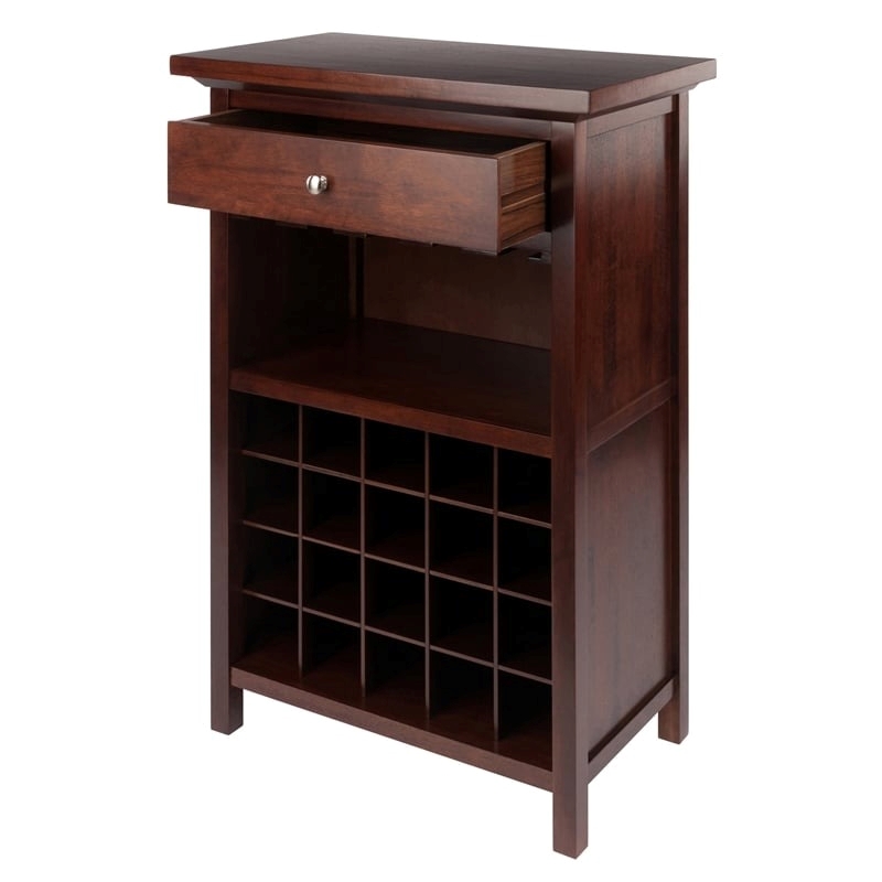 Pemberly Row 20-Bottle Transitional Solid Wood Wine Cabinet in Antique Walnut