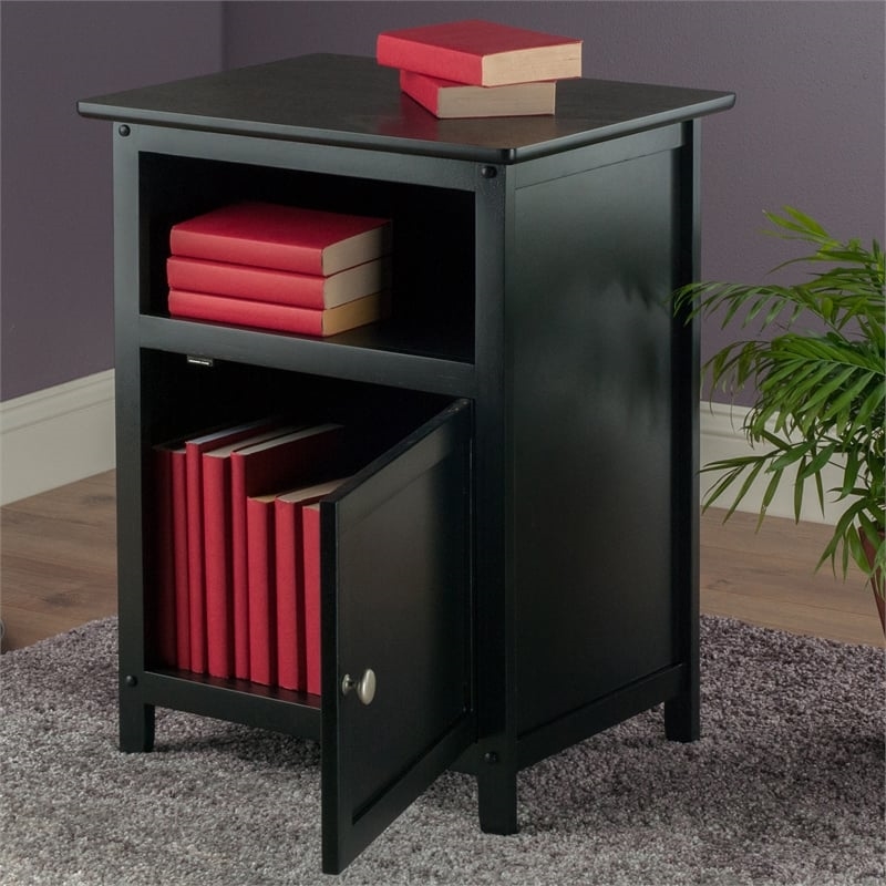 Pemberly Row Transitional Solid Wood End Table with Cabinet in Black