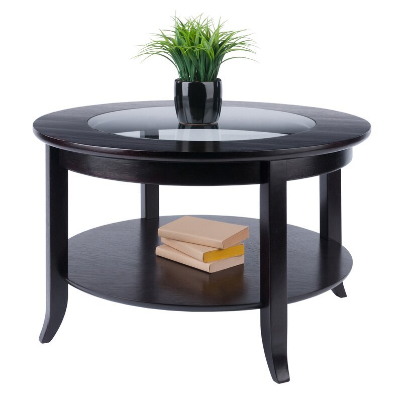 Pemberly Row Round Solid Wood Coffee Table with Glass Top in Dark Espresso