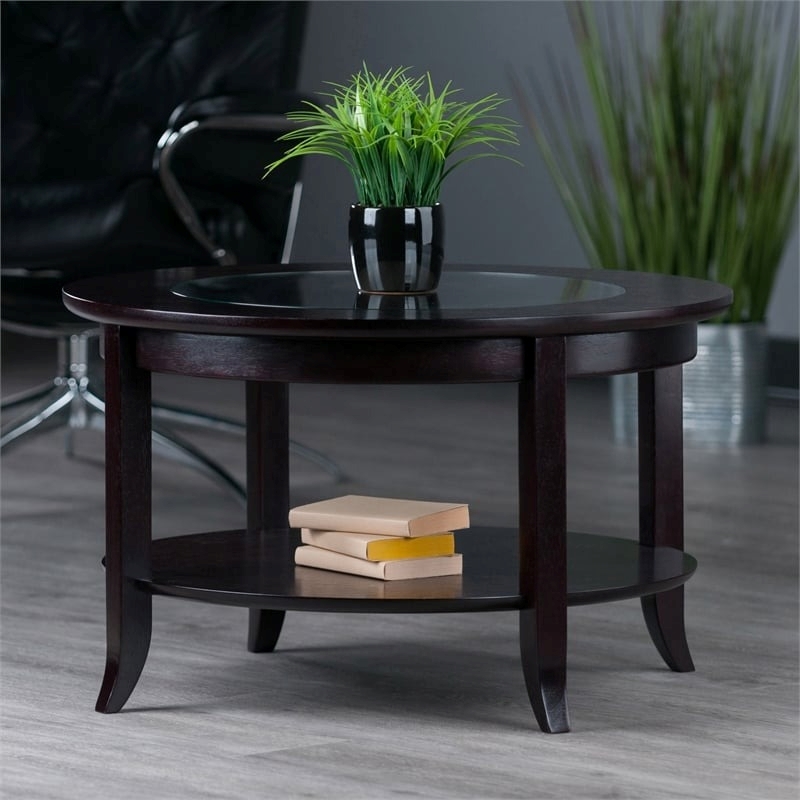 Pemberly Row Round Solid Wood Coffee Table with Glass Top in Dark Espresso
