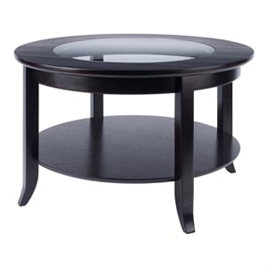 Pemberly Row Round Solid Wood Coffee Table with Glass Top in Dark Espresso