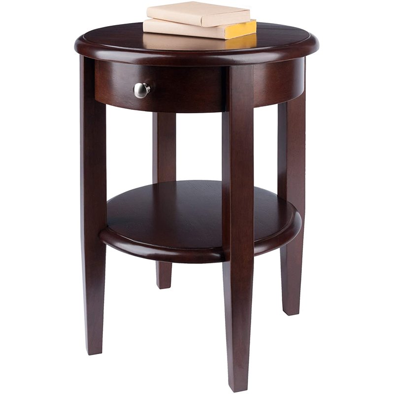 Pemberly Row Round Transitional Solid Wood End Table with Drawer in Walnut