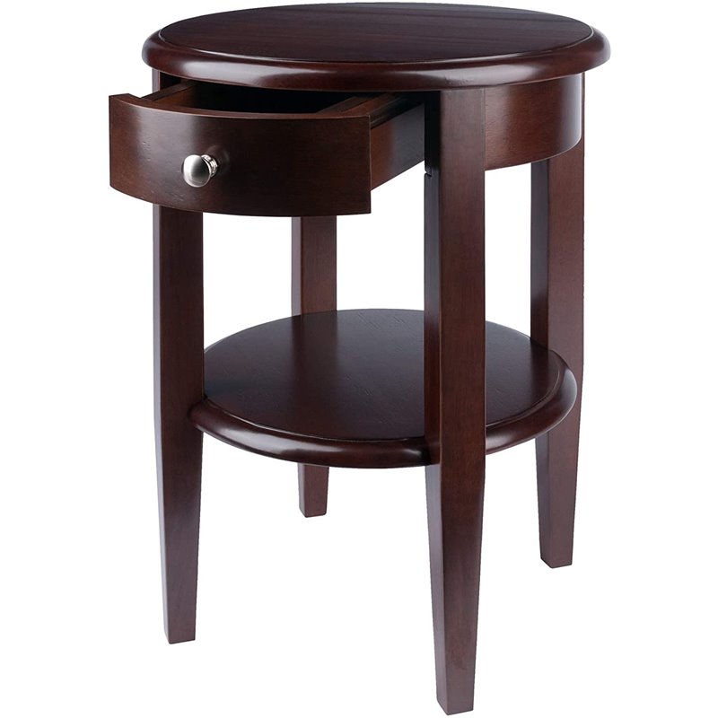 Pemberly Row Round Transitional Solid Wood End Table with Drawer in Walnut