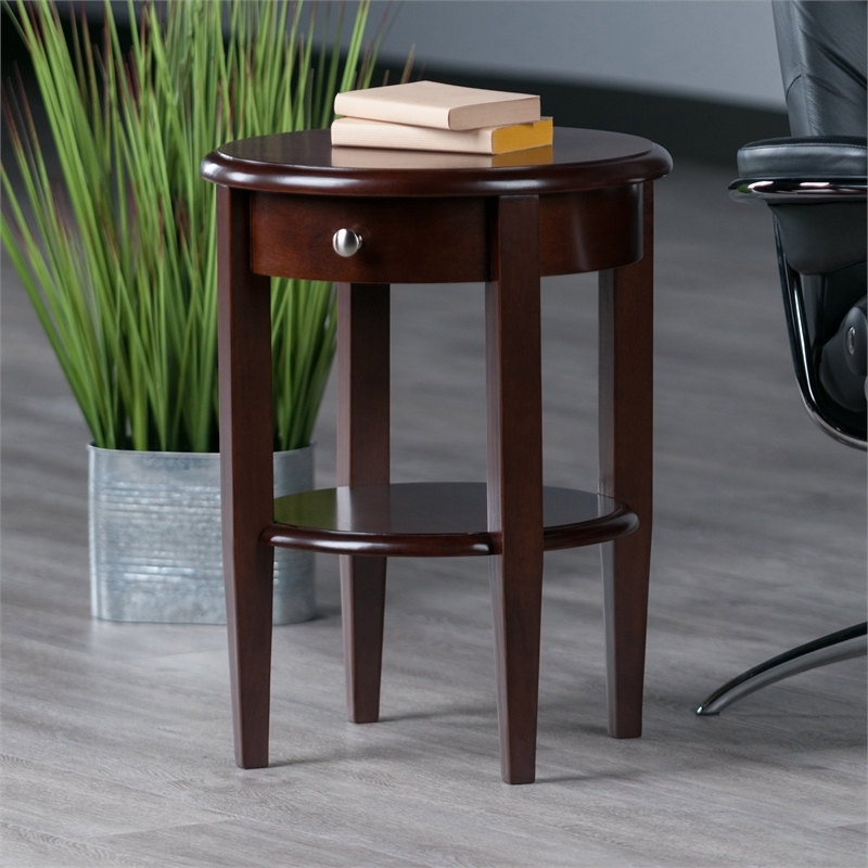 Pemberly Row Round Transitional Solid Wood End Table with Drawer in Walnut