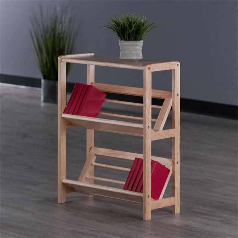 Pemberly Row 2-Tier Transitional Solid Wood Tilted Bookshelf in Natural