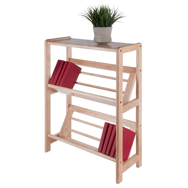 Pemberly Row 2-Tier Transitional Solid Wood Tilted Bookshelf in Natural