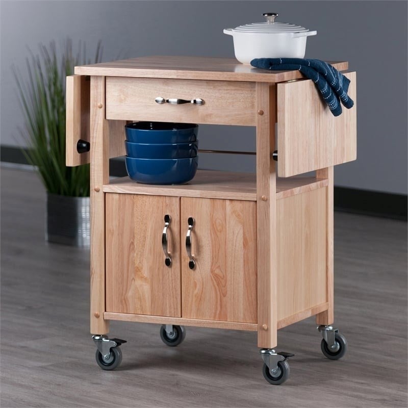 Pemberly Row Solid Wood Butcher Block Kitchen Cart with Drop Leaf in Natural