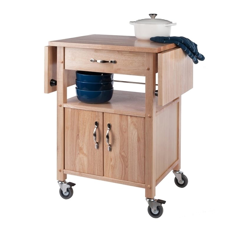 Pemberly Row Solid Wood Butcher Block Kitchen Cart with Drop Leaf in Natural