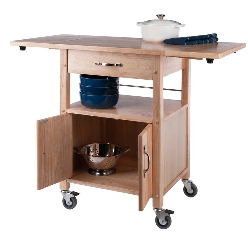 Pemberly Row Solid Wood Butcher Block Kitchen Cart with Drop Leaf in Natural