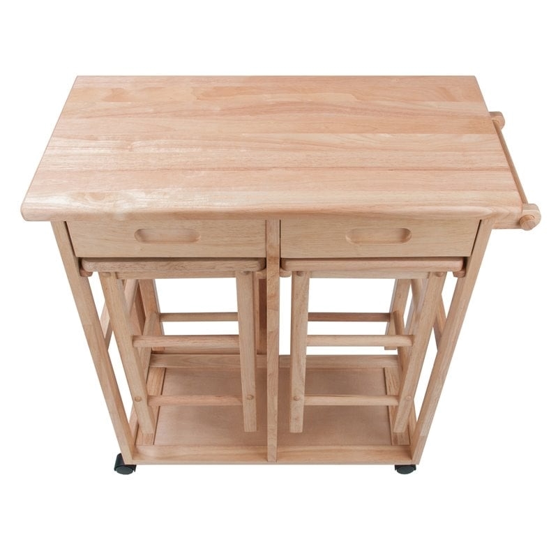 Pemberly Row 3-Piece Drop Leaf Solid Wood Kitchen Cart with 2 Stools in Natural